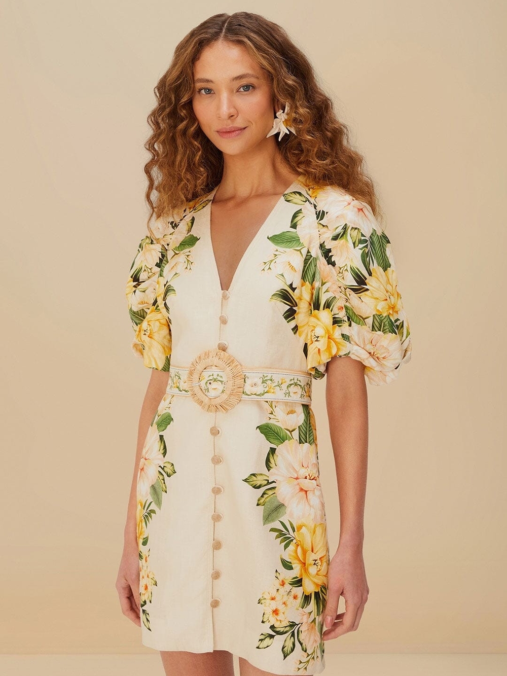 FARM Rio Garden Cascade Sand Puffy Sleeves Mini Dress.
